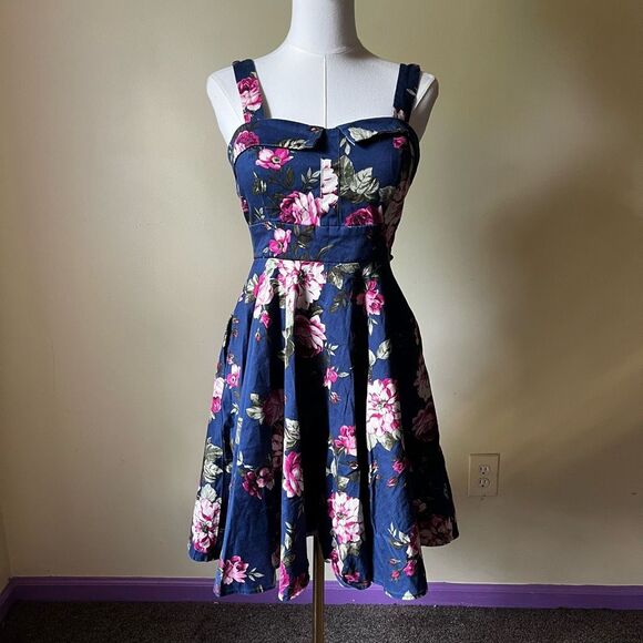 Vintage Y2K Navy Blue Floral Fit & Flare Dress Sleeveless Retro Swing Midi Small - Picture 1 of 9